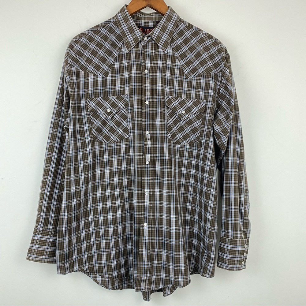 Vintage Plains Western Wear size Large Brown Blue Plaid Pearl Snap Shirt